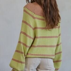 NEW By Together Boutique Off Shoulder Knit Matcha Latte Striped Sweater Small